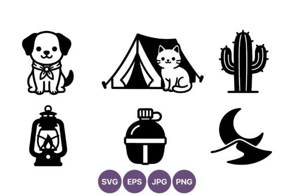 Camping Icons Dog Cat Tent Cactus