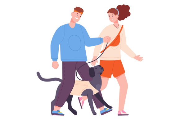 Couple Walking with Dog on Leash. Pet Ou