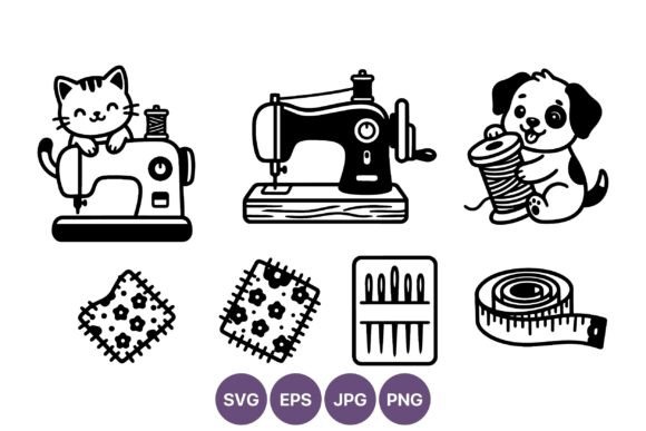 Cute Cat Dog Sewing Machines Vector