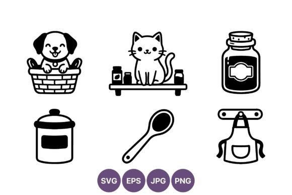 Cute Dog Basket Cat Shelf Line Art