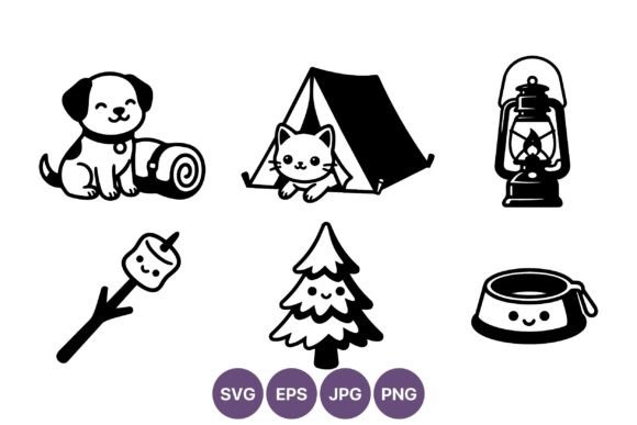 Cute Dog Cat Camping Icon Set Black