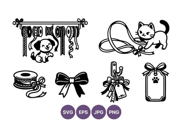 Dog Cat Ribbons Bow Gift Tags Line Art