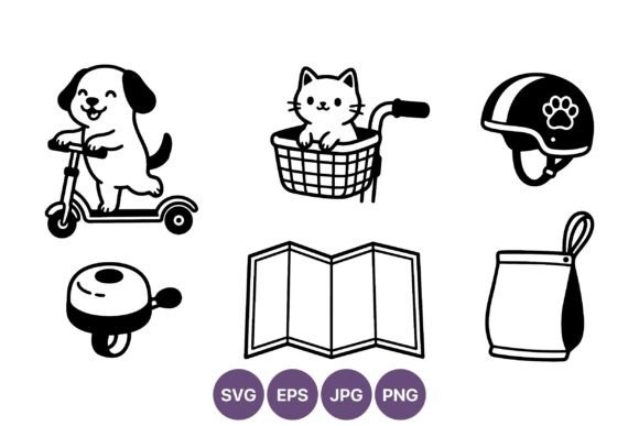 Dog on Scooter and Cat in Basket Vector