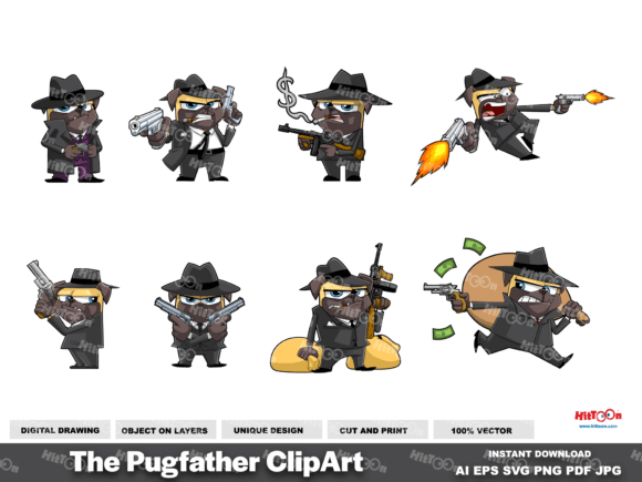 Funny Mafia Pug Dog Cartoon Character