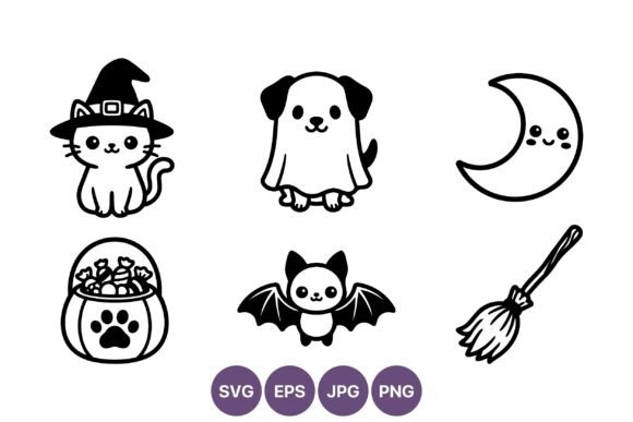 Halloween Cat Dog Bat Moon Broom Icons