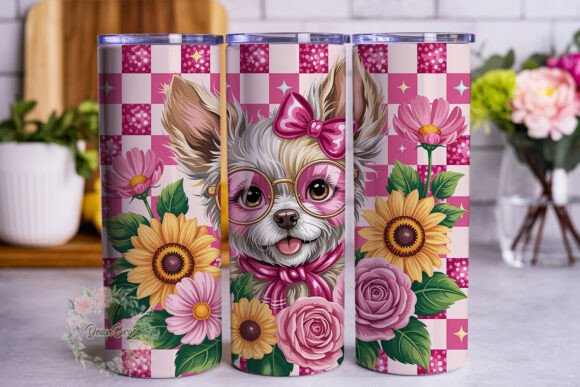 Pink Plaid Dog with Sunflowers 20oz Tumb