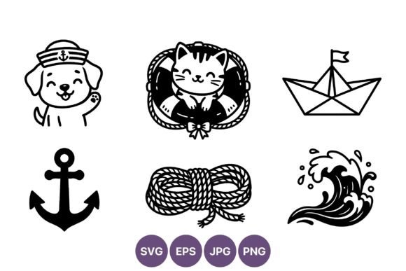 Sailor Dog Cat Nautical Icons Line Art