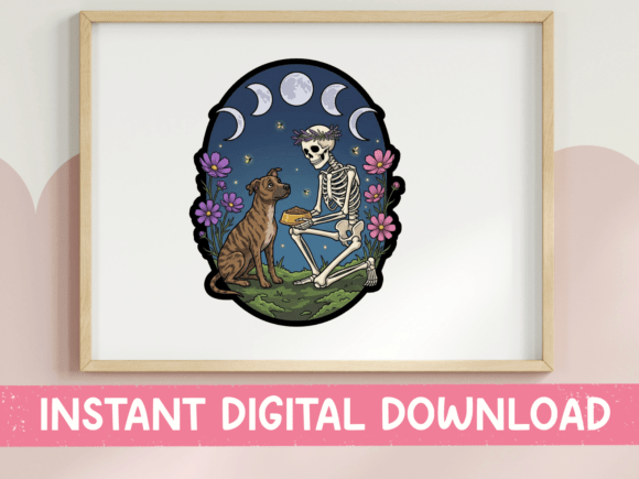 Skeleton Reading to Dog Under Moon